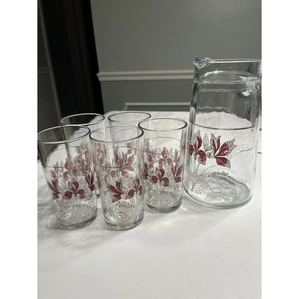 6pc Vtg Floral Glass Water Juice Pitcher w 10oz Drinking Tumblers Glasses Italy